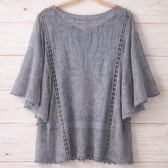 Kindred Anthropologie Slate Blue-Grey Lace Kimono-Style Blouse~ Size Medium. - Picture 5 of 12
